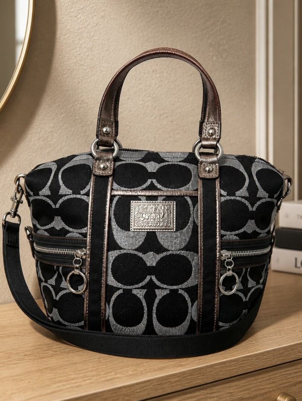 Rare Coach Poppy Signature Spotlight Tote in black and silver lurex